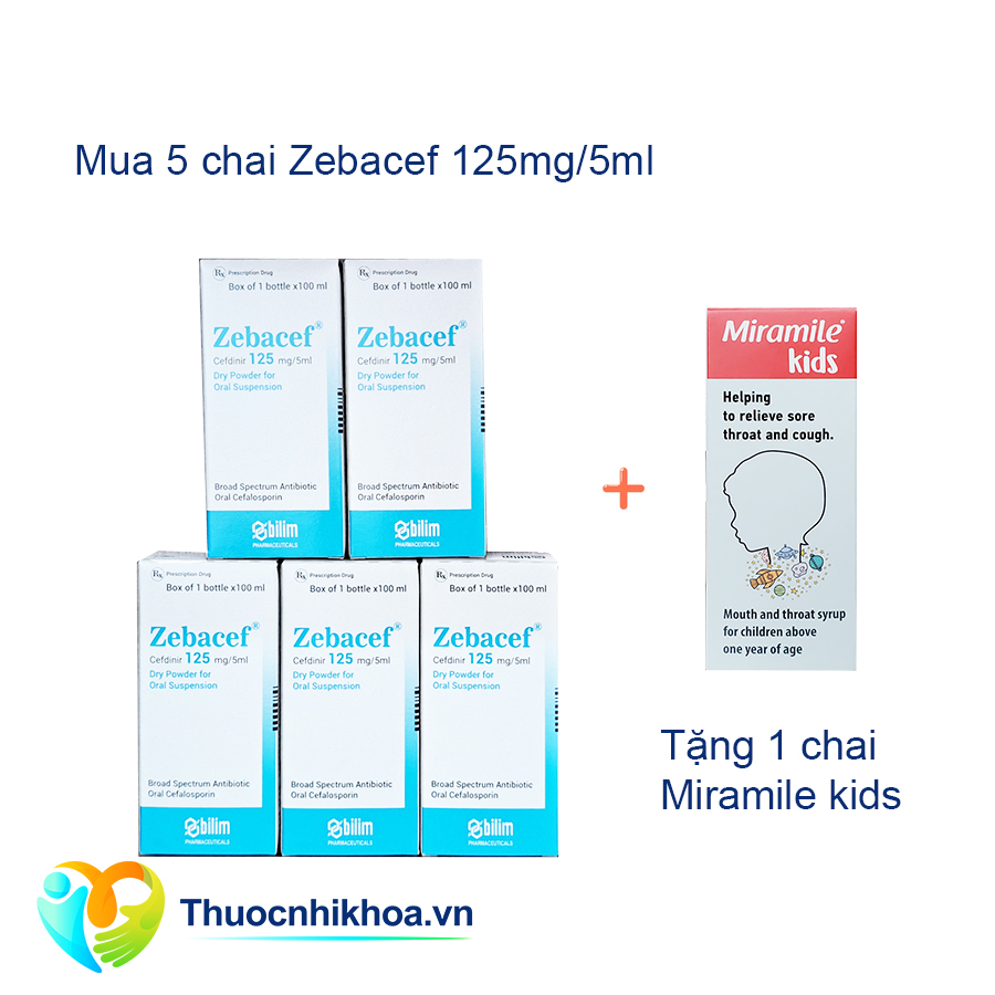 Zebacef 125mg/5ml - Combo mua 5 chai Zebacef tặng 1 chai Miramile Kids